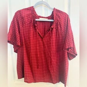 LOFT Red Plaid Short-Sleeve Peasant Blouse